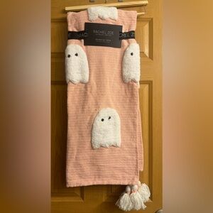 Rachel Zoe Light Pink Coral Peach White Ghost Throw Blanket Tassels Pom Poms